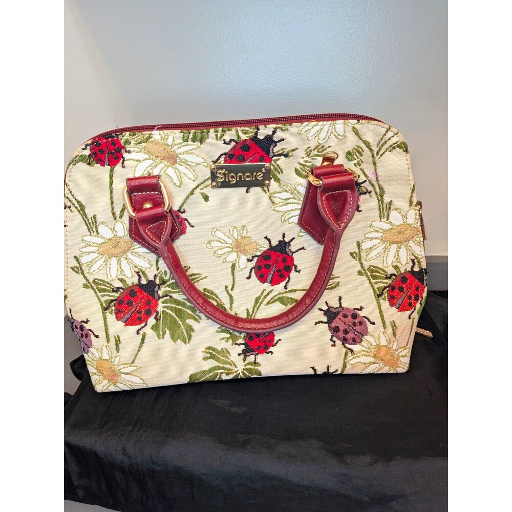 Signare Ladybug Floral Tapestry Satchel Top Handle Handbag w/ Detachable Strap